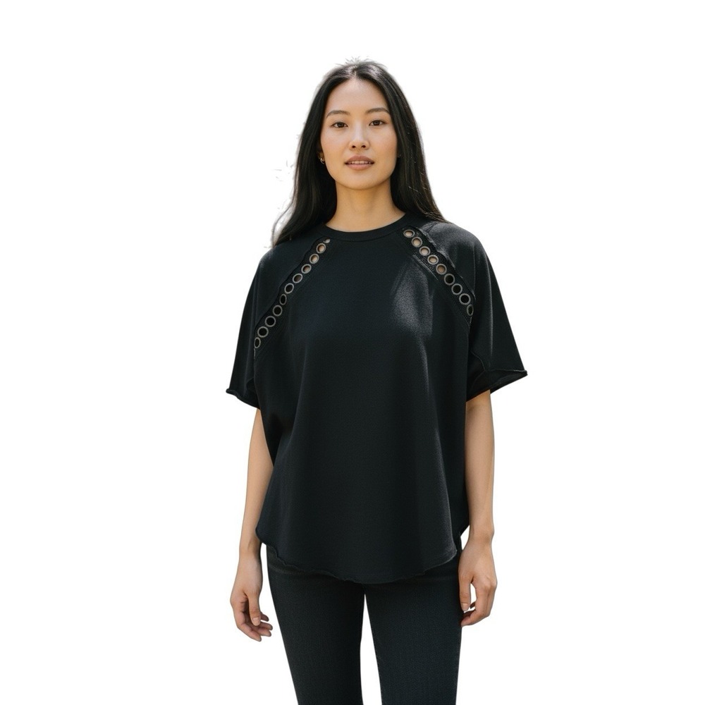 Free People Eyelet Ring Trim Washed Cotton Boho Tee Black Size Medium